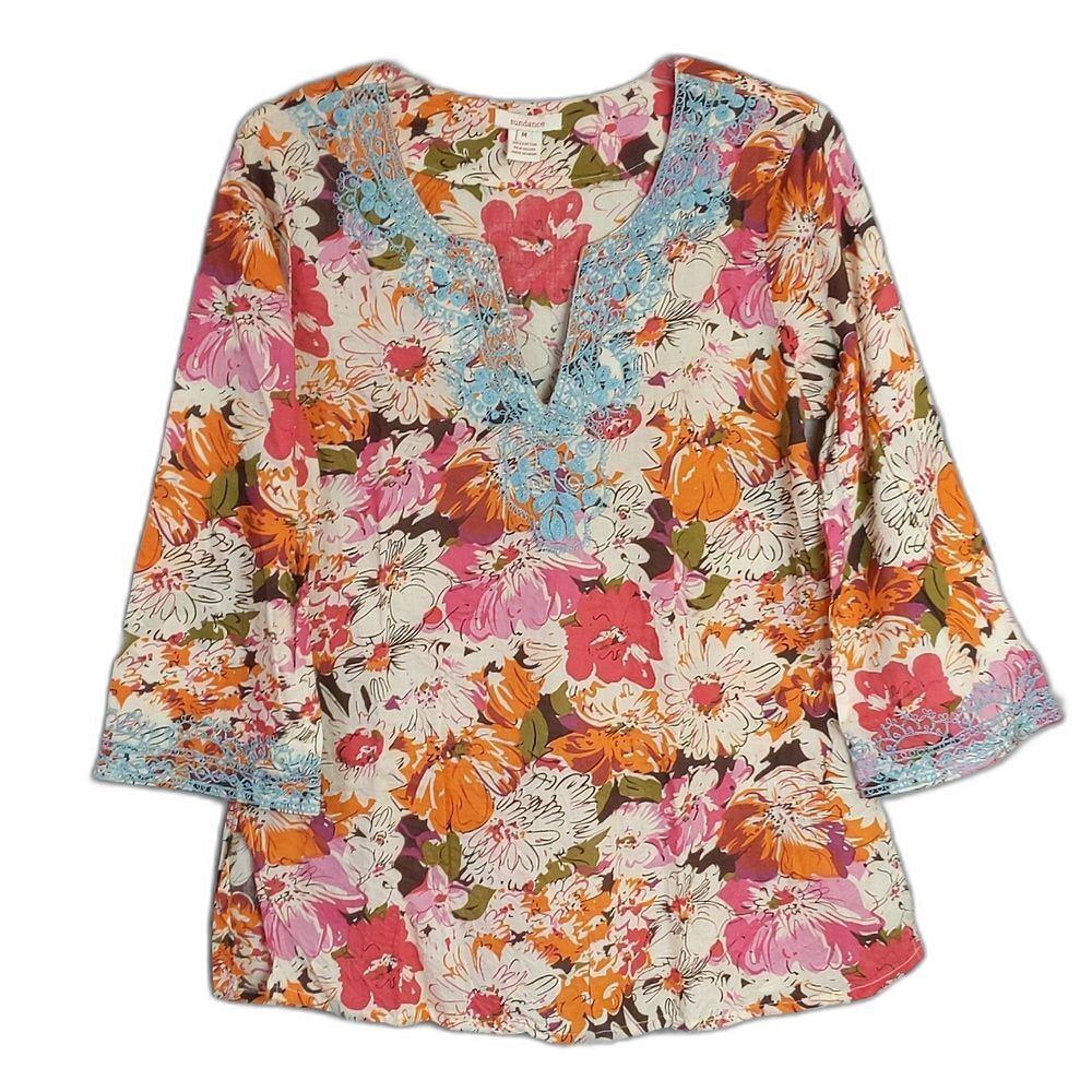 Sundance Orange Pink Floral Embroidered Cotton Top Side Slits Women's M